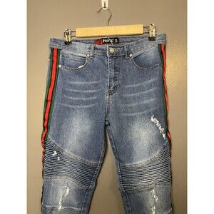 PANYC Jeans Boys 16 Blue Moto Distressed Side Stripe Stretch Denim Skinny